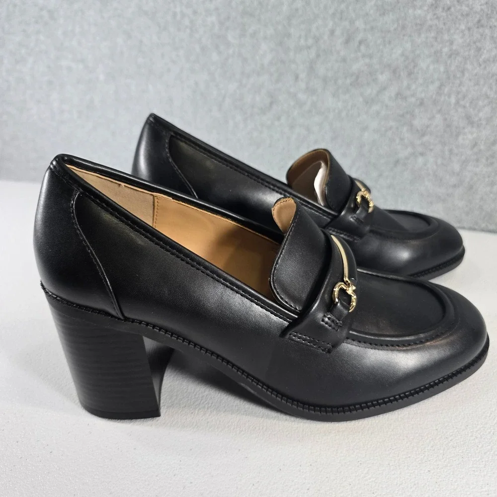 CosyFever Womens Black Heeled Loafers Gold Bit Detail Block Heel Pumps Size 9M